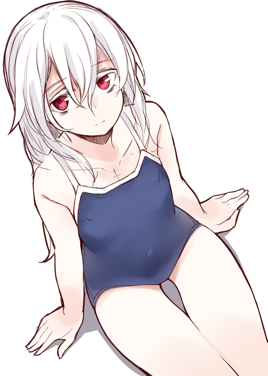 1girl, arms_at_sides, bare_arms, bare_legs, bare_shoulders, blue_swimsuit, closed_mouth, collarbone, colored_eyelashes, competition_school_swimsuit, expressionless, eyelashes, female, flat_chest, from_above, haegiwa, highres, long_hair, looking_at_viewer, looking_up, one-piece_swimsuit, original, otokuyou, pink_eyes, school_swimsuit, shiroi_ko_(haegiwa), shiroi_ko_(otokuyou), simple_background, sitting, solo, swimsuit, white_background, white_eyelashes, white_hair