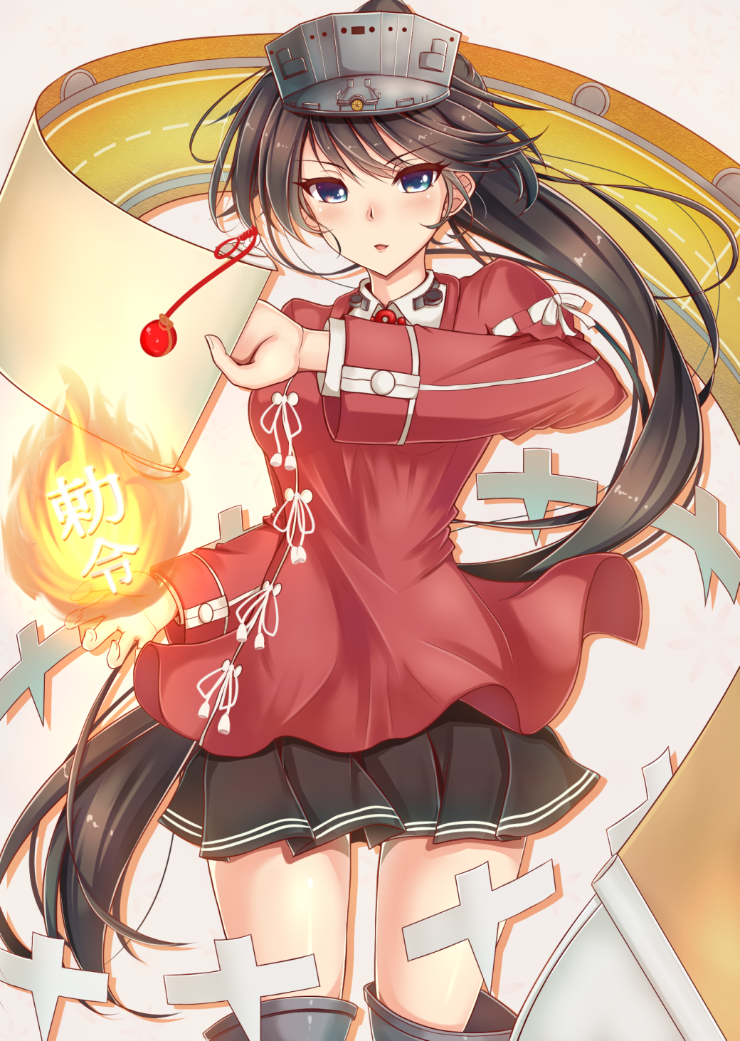 1girl, black_hair, cosplay, fire, highres, houshou_(kantai_collection), kantai_collection, long_hair