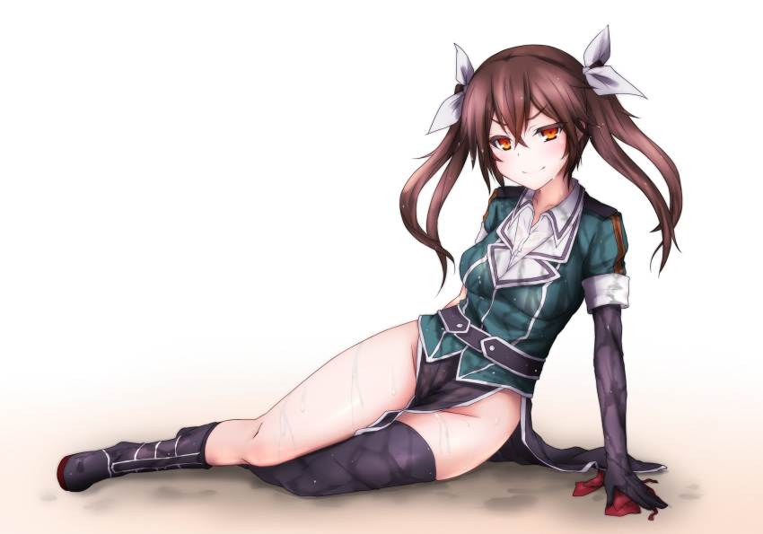 1girl, asymmetrical_legwear, bangs, black_skirt, boots, bow, bowtie, brown_hair, closed_mouth, cosplay, eyebrows, eyebrows_visible_through_hair, gloves, groin, hair_between_eyes, hair_ribbon, harujiya_(setugetuka), highres, kantai_collection, long_hair, looking_at_viewer, orange_eyes, pelvic_curtain, red_bow, red_bowtie, ribbon, short_sleeves, single_thighhigh, skirt, skirt_tug, smile, solo, sweat, sweatdrop, tears, thigh-highs, tone_(kantai_collection), twintails, very_long_hair, wet, wet_clothes