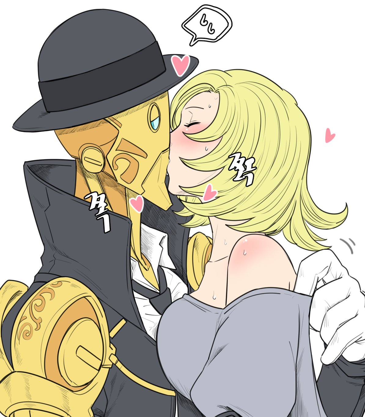 1boy, 1girl, android, battleborn, blonde_hair, blush, heart, hetero