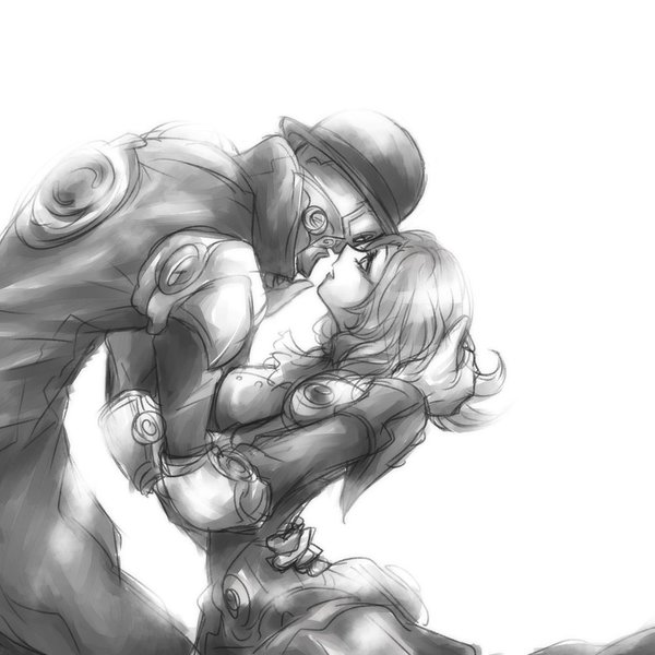 1boy, 1girl, android, battleborn, breasts, dress, gloves, hat, hug, marquis_(battleborn), monochrome, phoebe_(battleborn), robosexual, short_hair, white_background