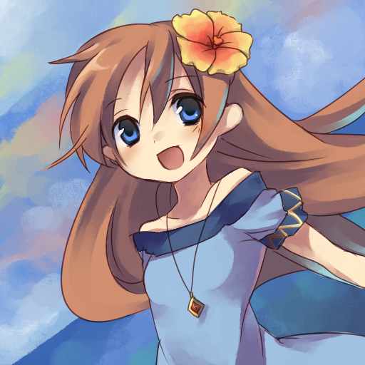 blue_eyes, brown_hair, flower, hair_flower, hair_ornament, hibiscus, jewelry, link's_awakening