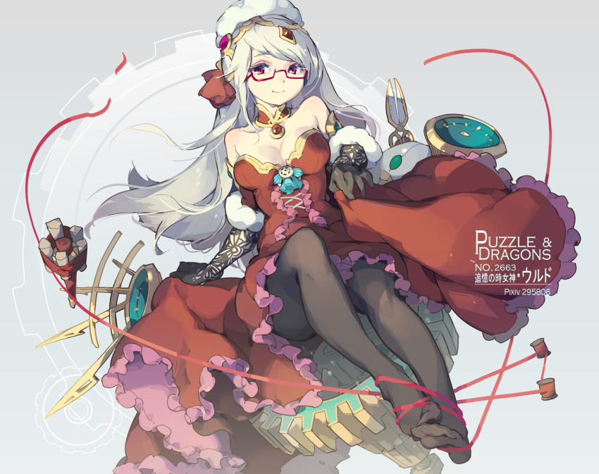 1girl, bare_shoulders, black_gloves, black_legwear, breasts, cleavage, detached_collar, dress