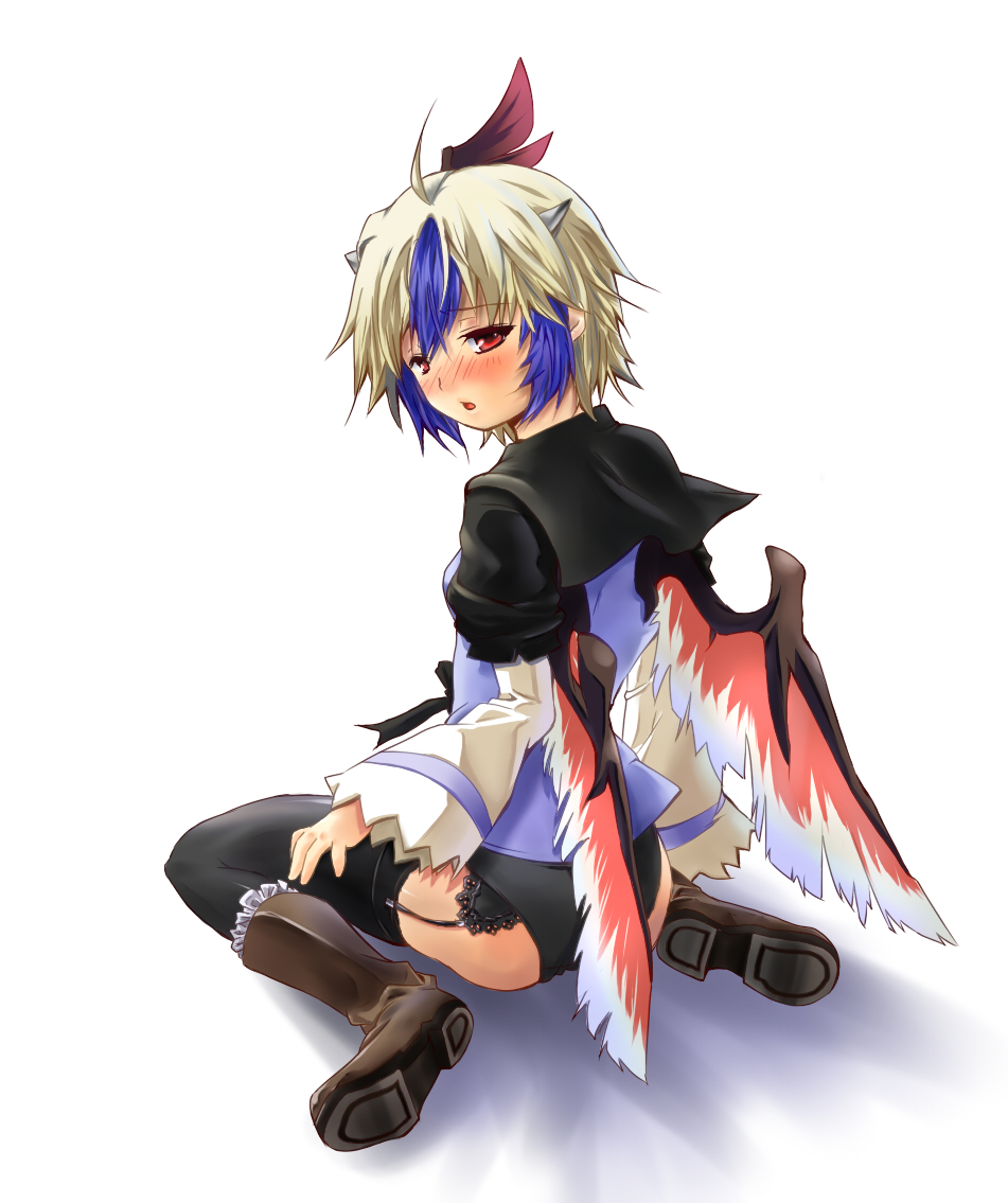 atsumi_haru, blush, boots, bottomless, garter_belt, head_wings, headwings, horns