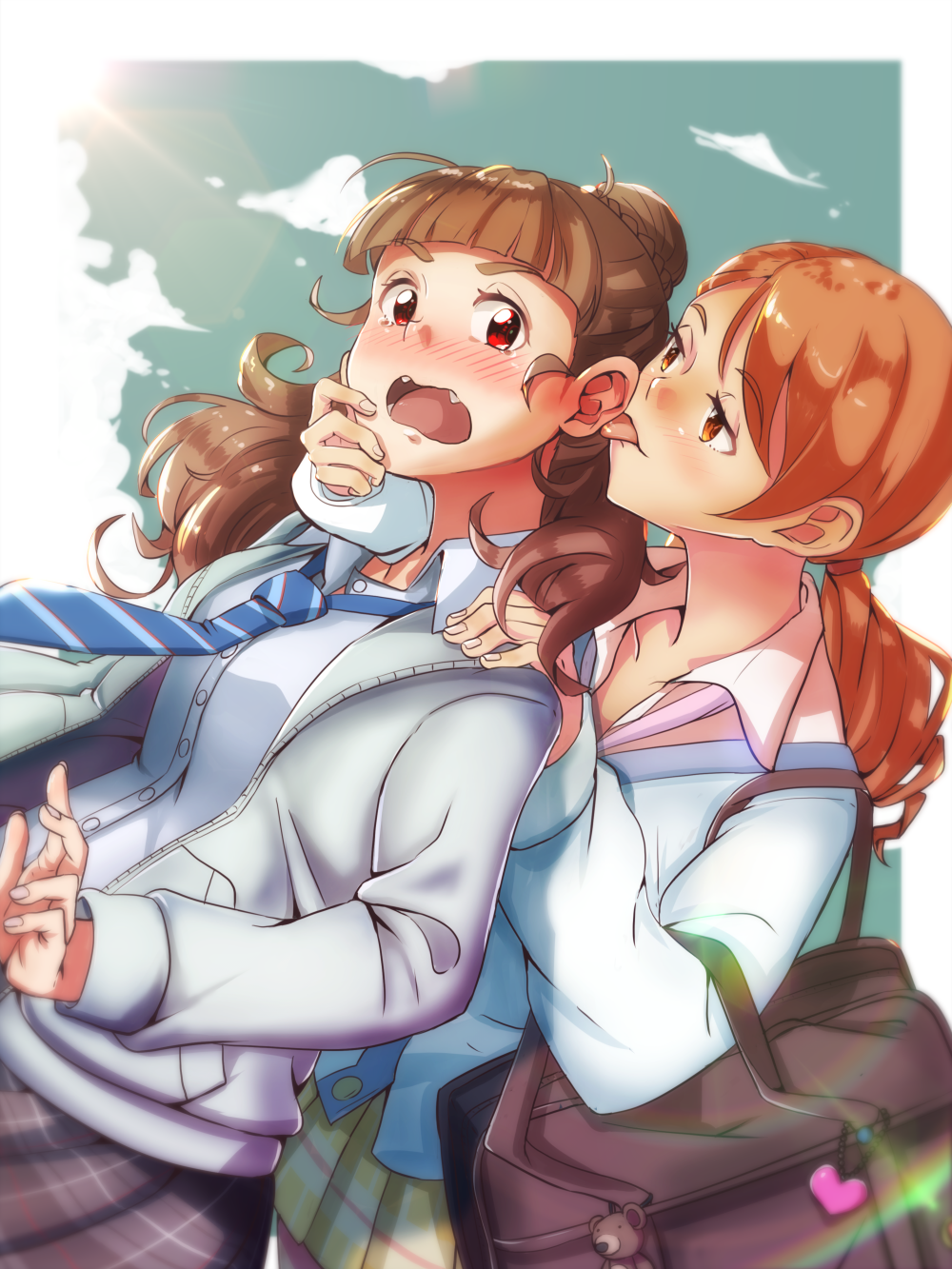 2girls, bag, blush, brown_eyes, brown_hair, cardigan, casino_(casinoep), casino_(pixiv468133)