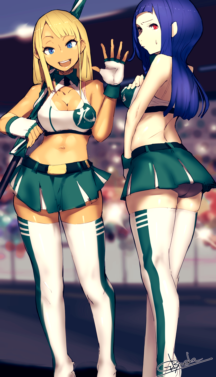 2girls, :d, alessandra_susu, ass, back, blonde_hair, blue_hair, breasts