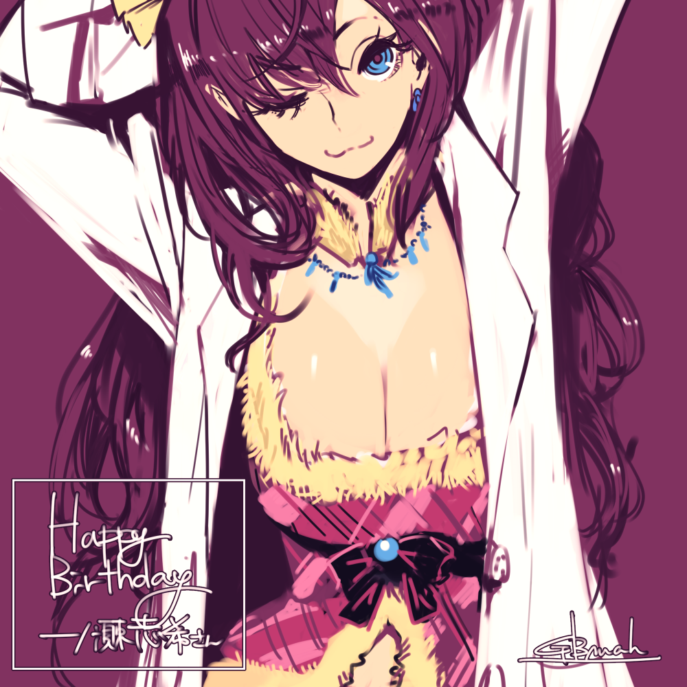 1girl, ;), ;3, arms_behind_head, arms_up, blue_eyes, breasts, cleavage