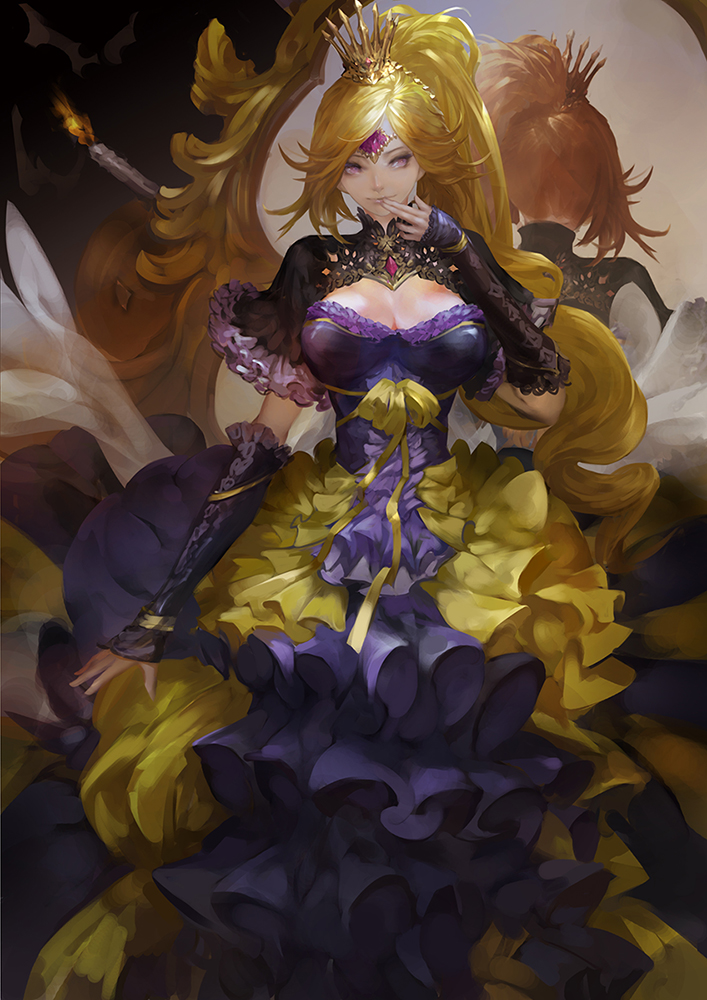 1girl, blonde_hair, breasts, brown_eyes, candle, circlet, cleavage, crown