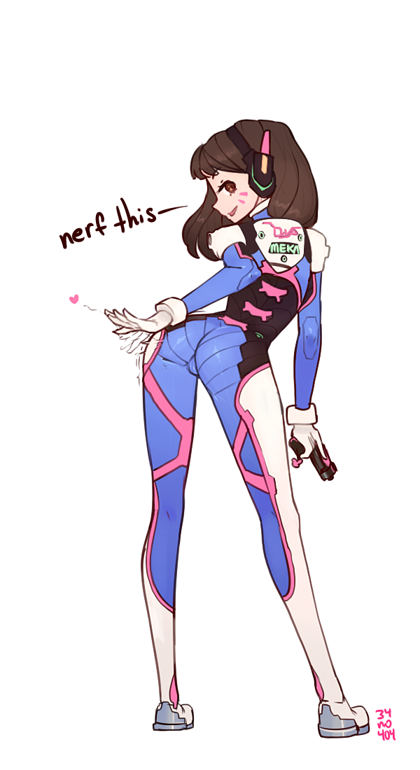1girl, 34no404, ass, bangs, bodysuit, brown_eyes, brown_hair, d.va_(overwatch)