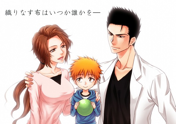 1girl, 2boys, bangs, black_hair, bleach, breasts, brown_eyes, brown_hair