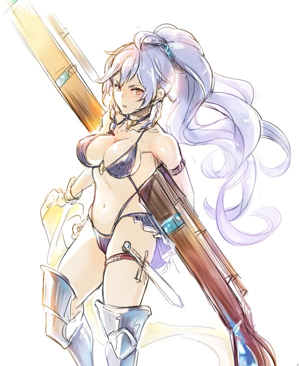 1girl, ahoge, alternate_costume, alternate_hairstyle, arm_behind_back, armor, bikini, bikini_armor