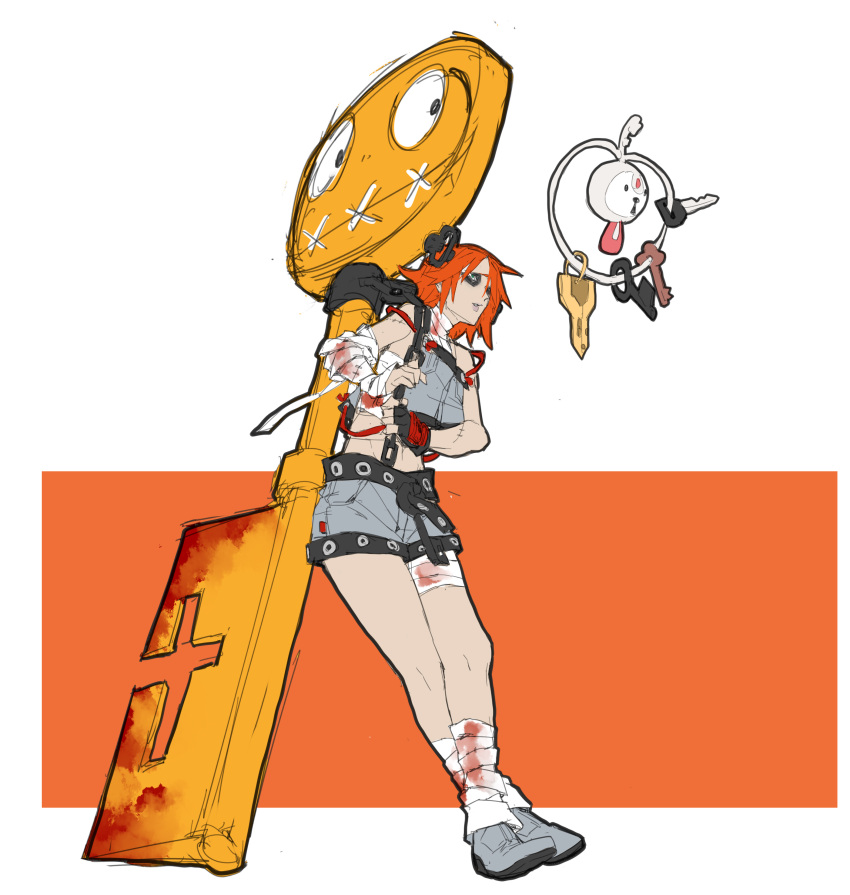 10s, 1girl, a.b.a, absurdres, bags_under_eyes, bandage, blood, chains, crossover, fingerless_gloves, full_body, gloves, green_eyes, guilty_gear, highres, key, klefki, makai, paracelsus, pokemon, pokemon_(creature), pokemon_(game), pokemon_xy, redhead, short_hair, shorts, single_glove, solo