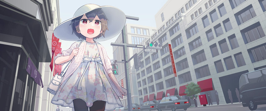 1girl, :3, :d, bag, banner, black_hair, black_legwear, blush