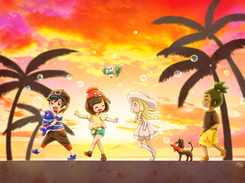 10s, 2boys, 2girls, baseball_cap, black_hair, blonde_hair, braid, brown_eyes