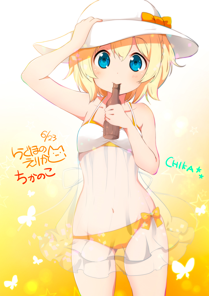 1girl, artist_name, bikini, blonde_hair, blue_eyes, blush, bottle, butterfly