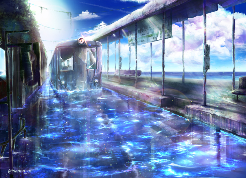 broken_window, chair, clouds, ground_vehicle, lens_flare, light_particles, nanon_01, no_humans