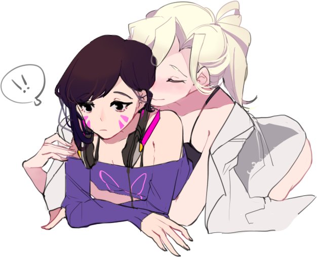 !!, 2girls, blonde_hair, blush, bunny_print, closed_eyes, d.va_(overwatch), face_painting