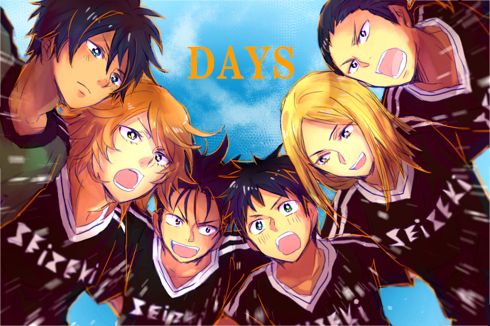 6+boys, black_hair, blonde_hair, blue_eyes, blue_sky, copyright_name, days_(manga), green_eyes