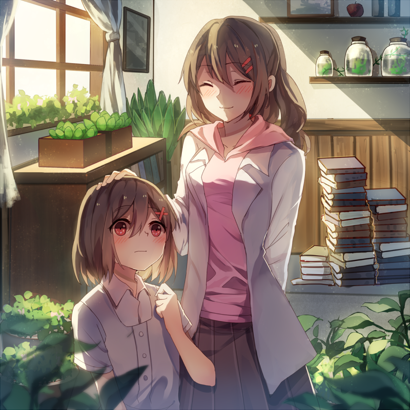 2girls, black_skirt, book, brown_hair, closed_eyes, hair_ornament, indoors, kagerou_project