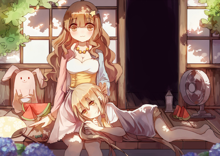 2girls, barefoot, blonde_hair, breasts, brown_eyes, brown_hair, candy, cleavage