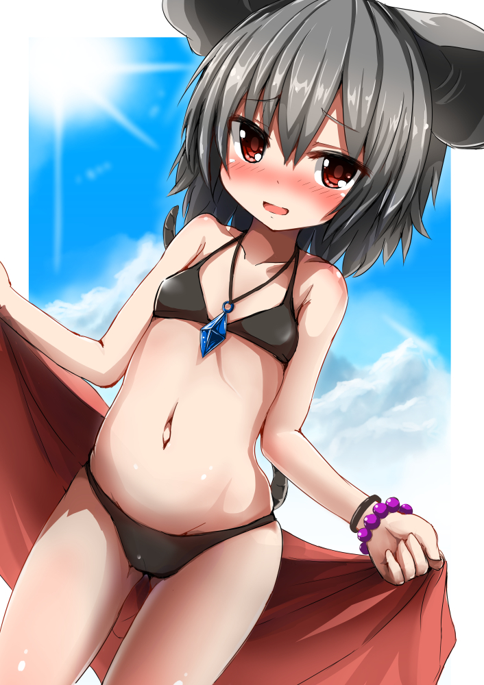 1girl, animal_ears, bikini, black_bikini, blue_sky, blush, bracelet, clouds