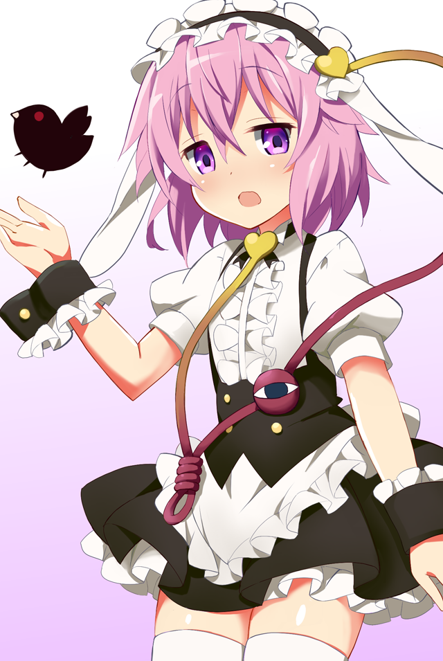 1girl, 9law, alternate_costume, alternate_headwear, animal_ears, apron, bird, blush, cosplay, eyeball, fake_animal_ears, fleur_de_lapin_uniform, frills, gochuumon_wa_usagi_desu_ka?, gradient, gradient_background, hairband, heart, kirima_sharo, kirima_sharo_(cosplay), komeiji_satori, lavender_background, lolita_hairband, looking_at_viewer, miniskirt, open_mouth, pink_hair, puffy_sleeves, rabbit_ears, reiuji_utsuho, reiuji_utsuho_(bird), shirt, short_hair, short_sleeves, skirt, solo, string, thigh-highs, third_eye, touhou, vest, violet_eyes, waist_apron, white_legwear, wrist_cuffs, zettai_ryouiki