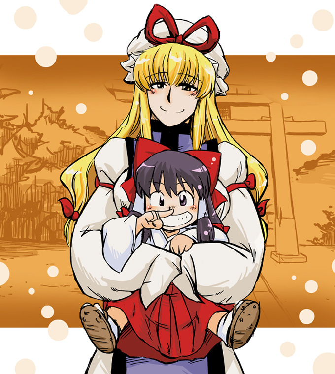 azuki_osamitsu, blonde_hair, bow, brown_eyes, brown_hair, child, grin, hair_ribbon, hakurei_reimu, hakurei_reimu_(pc-98), long_hair, multiple_girls, ribbon, short_hair, smile, touhou, touhou_(pc-98), yakumo_yukari, yellow_eyes, young