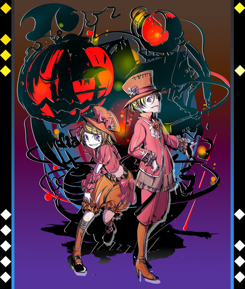 1boy, 1girl, argyle, argyle_background, bandage, blonde_hair, boots, brother_and_sister, cel_shading, chains, commentary_request, cravat, cross, detached_sleeves, diamond_(shape), embers, flower, frills, grin, hair_ornament, hairclip, halloween, halloween_costume, hand_on_own_head, hat, high_heel_boots, high_heels, holding, holding_hat, ichi_ka, jack-o'-lantern, kagamine_len, kagamine_rin, leaning_forward, ponytail, pumpkin, pumpkin_pants, rose, shoes, short_hair, shorts, siblings, silhouette, smile, stitches, twins, violet_eyes, vocaloid
