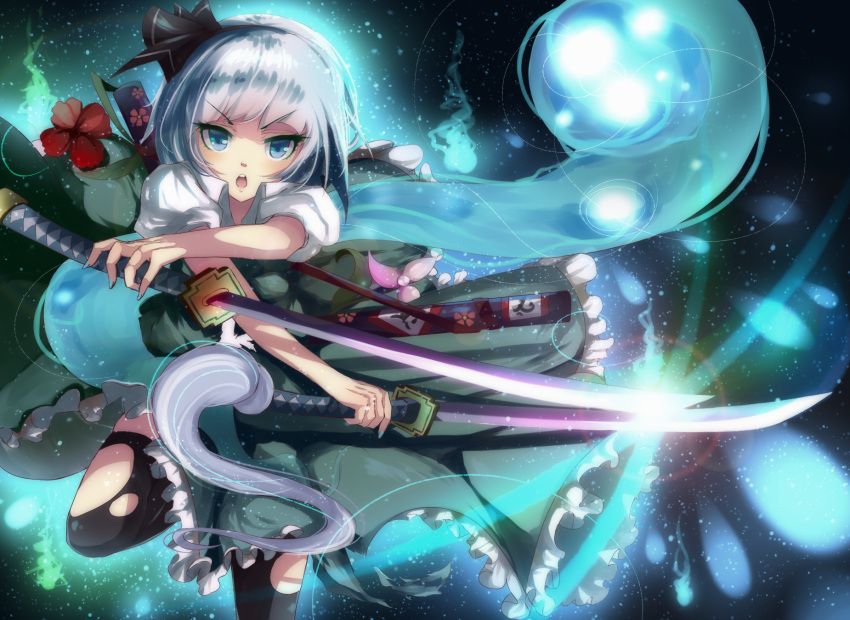1girl, black_legwear, blizzomos, blue_eyes, flower, hairband, highres, hitodama