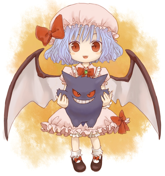1girl, chibi, costume, crossover, fang, gengar, horey, pokemon