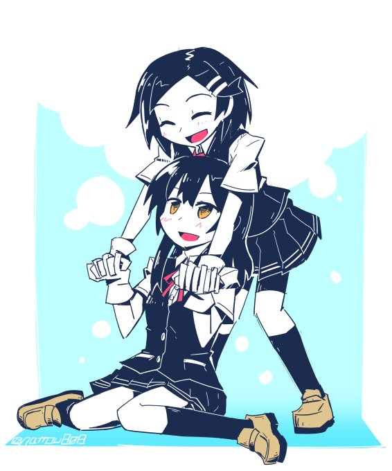 2girls, :d, ^_^, bike_shorts, black_hair, black_legwear, black_skirt, blush