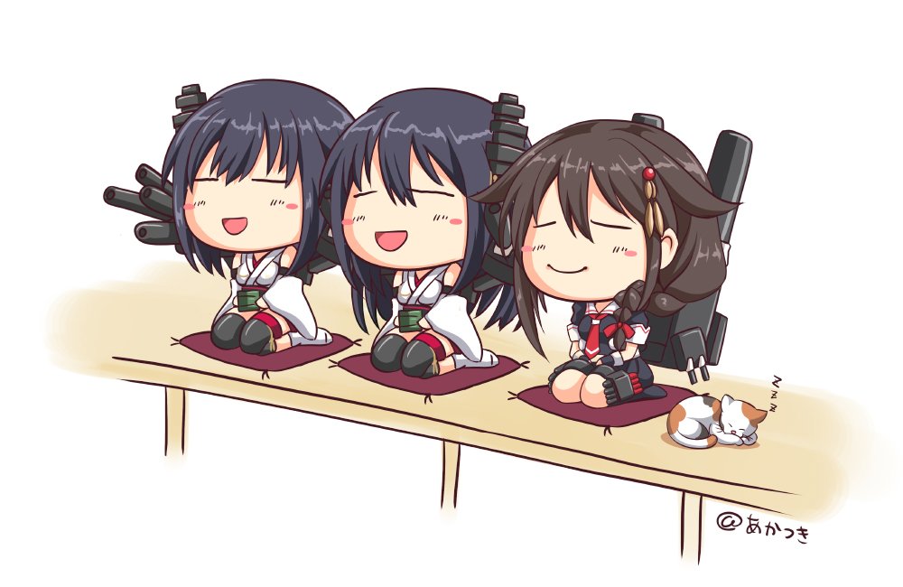 3girls, akatsuki_(ownpace), black_legwear, black_serafuku, black_skirt, blush_stickers, braid, cannon