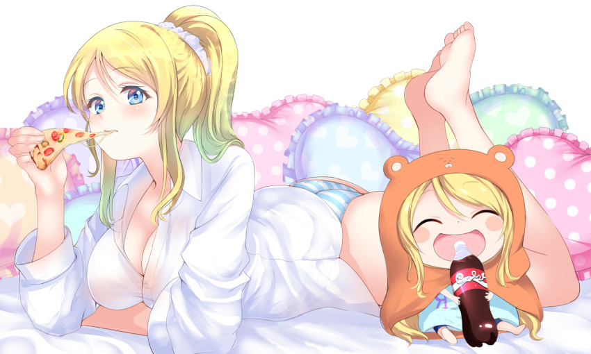 2girls, ass, ayase_eli, blonde_hair, blue_eyes, blush, bottle, bottomless