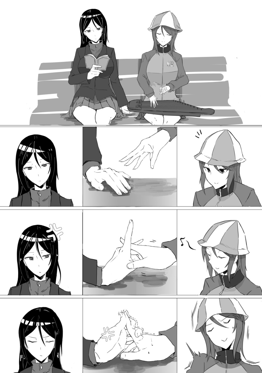 2girls, absurdres, anger_vein, bangs, bench, closed_eyes, girls_und_panzer, hat
