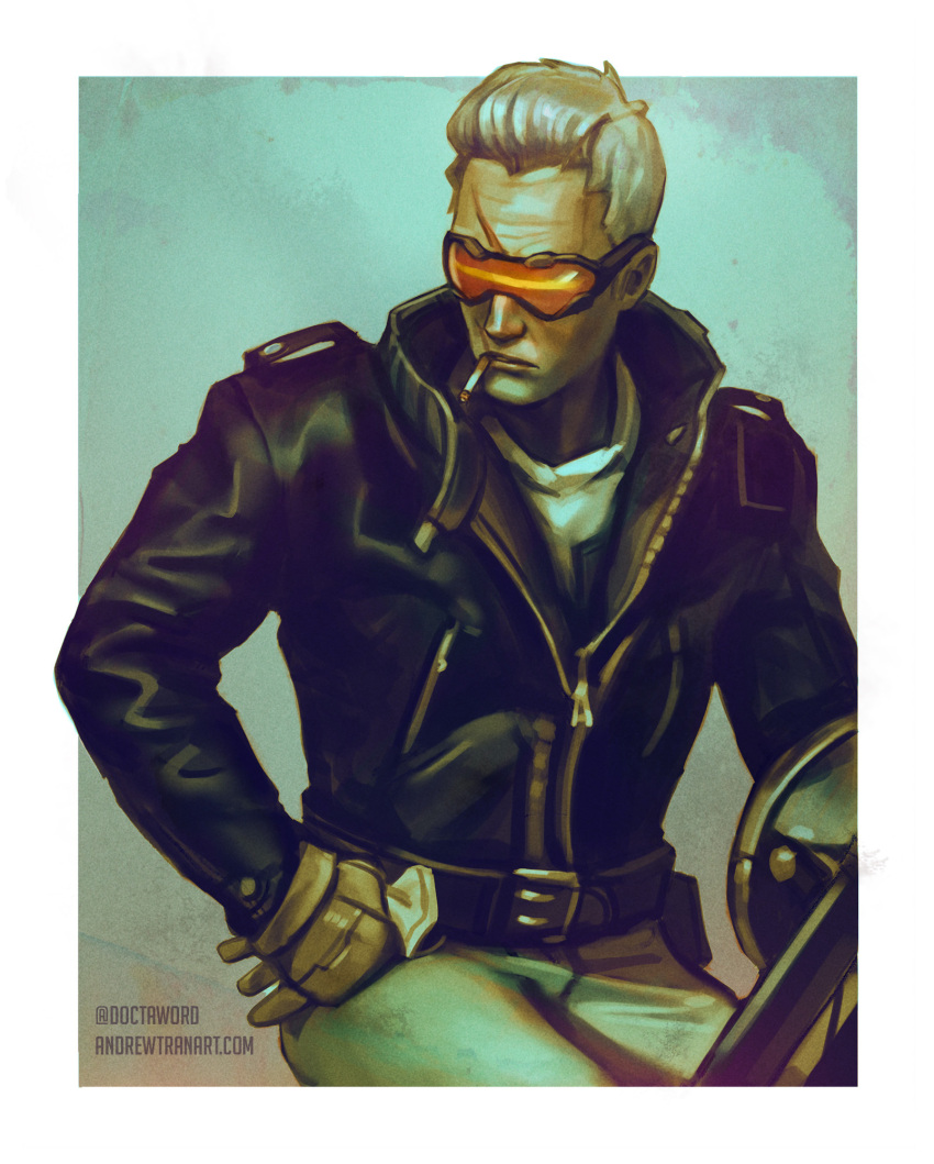 1boy, andrew_tran, artist_name, belt, cigarette, face_mask, gloves, gun, highres, jacket, long_sleeves, male_focus, mask, mouth_hold, overwatch, pants, scar, shirt, short_hair, sitting, soldier:_76_(overwatch), solo, visor, watermark, weapon, web_address, white_hair, white_shirt