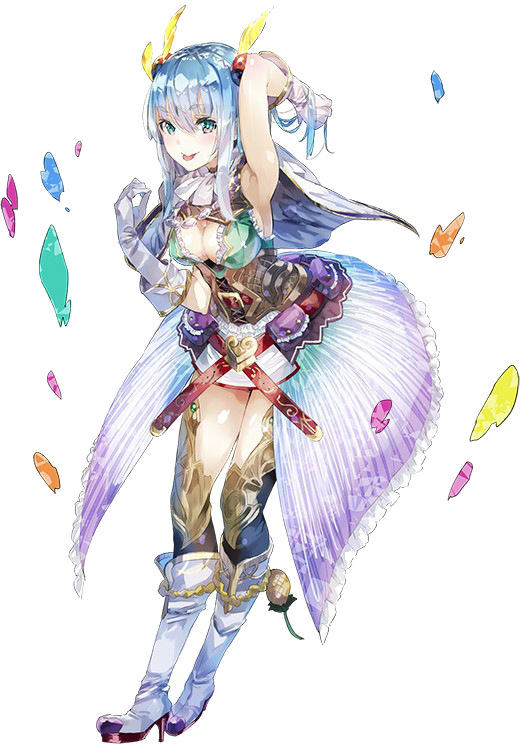 1girl, atelier_(series), atelier_sophie, bangs, blue_hair, boots, breasts, center_opening, cleavage, feathers, female, full_body, gloves, green_eyes, hair_ornament, hairclip, jewelry, large_breasts, leon_(atelier), long_hair, necklace, official_art, simple_background, skirt, solo, tongue, tongue_out, white_background, yuugen