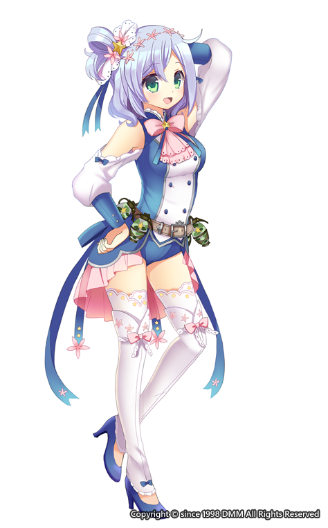 1girl, :d, blue_hair, blue_ribbon, blue_shoes, bow, flower_knight_girl, full_body, green_eyes, hair_bun, hair_ribbon, hand_on_hip, high_heels, kurot, laurentia_(flower_knight_girl), looking_at_viewer, official_art, open_mouth, pink_bow, ribbon, shoes, short_hair, short_shorts, shorts, smile, solo, standing, thigh-highs, white_background, white_legwear