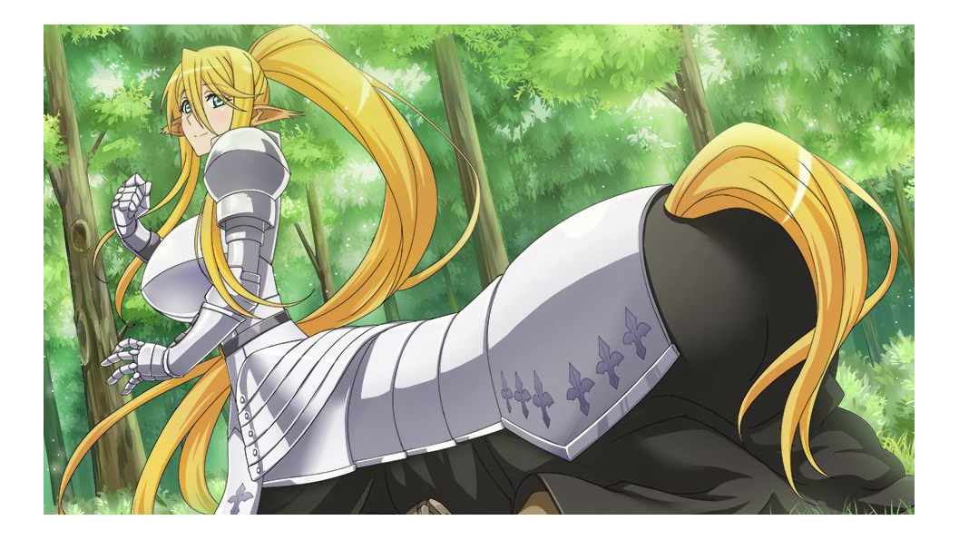 1girl, armor, blonde_hair, blue_eyes, breasts, centaur, centaur_knight, centorea_shianus, game_cg, huge_breasts, long_hair, monster_girl, monster_musume_no_iru_nichijou, monster_musume_no_iru_nichijou_online, ponytial, smile, solo, standing
