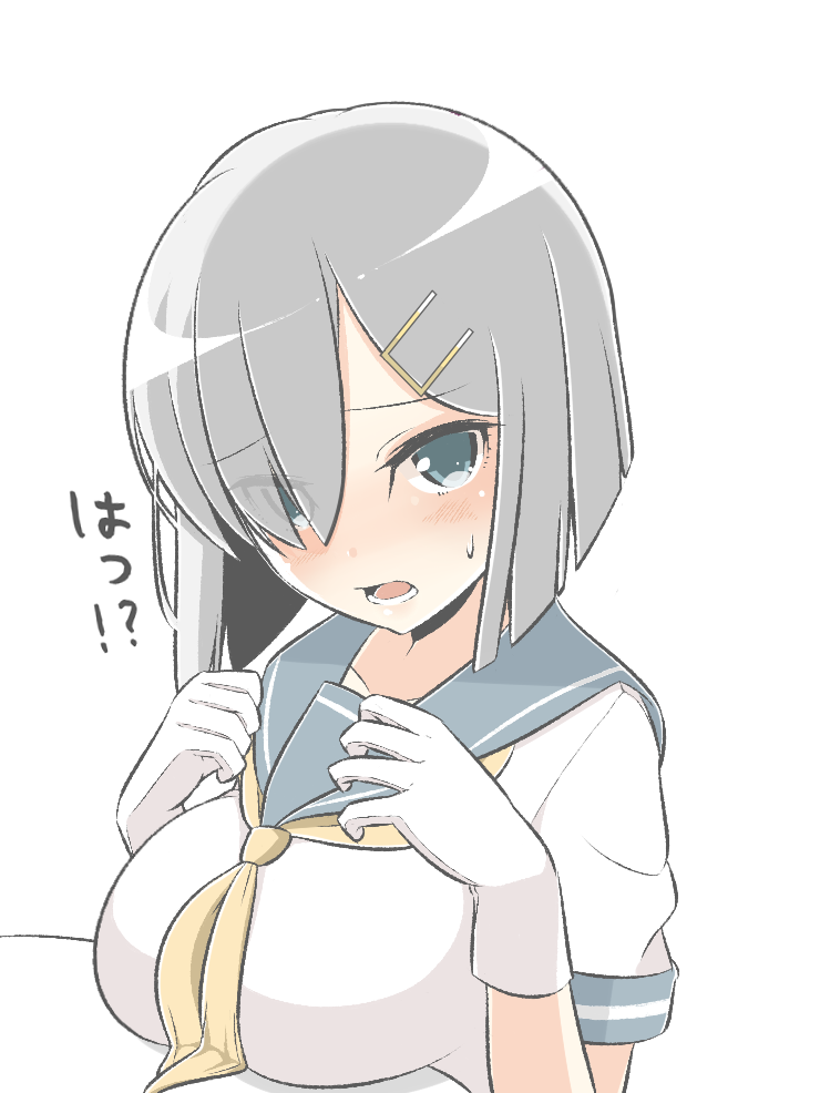 1girl, blue_eyes, blush, breast_rest, breasts, check_commentary, commentary_request, eyes_visible_through_hair, gloves, hair_ornament, hair_over_one_eye, hairclip, hamakaze_(kantai_collection), kantai_collection, large_breasts, looking_at_viewer, masupa_kiriu, neckerchief, open_mouth, school_uniform, serafuku, short_hair, short_sleeves, silver_hair, simple_background, solo, teeth, translation_request, white_background, white_gloves
