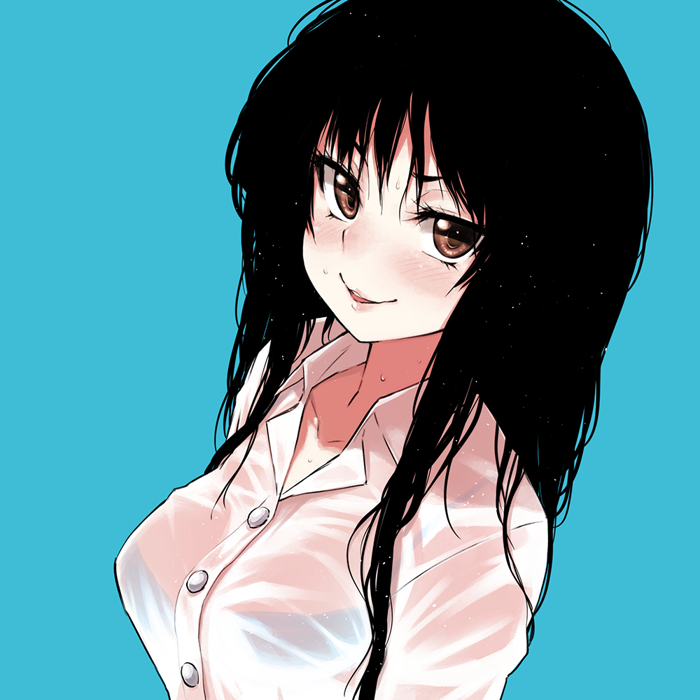 1girl, alphy, black_hair, blue_background, blue_bra, bra, brown_eyes, buttons, collarbone, collared_shirt, eyelashes, fon_(alphy), long_hair, looking_at_viewer, original, parted_lips, pink_lips, see-through, shirt, simple_background, smile, solo, underwear, upper_body, wet, wet_clothes, wet_hair, wet_shirt, wing_collar