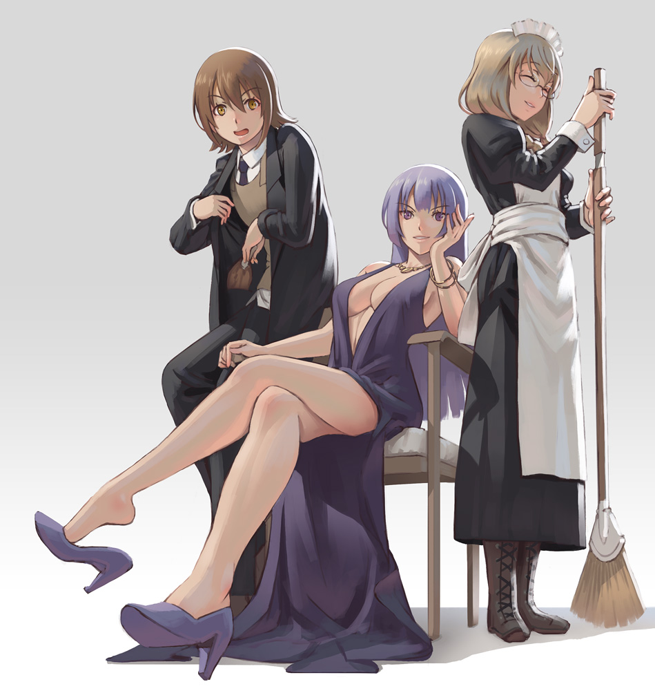 3girls, apron, blonde_hair, boots, bracelet, breasts, broom, brown_eyes