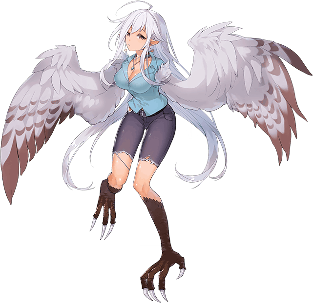 cleavage, harpy, haru_(monster_musume), looking_at_viewer, monster_girl, monster_musume_no_iru_nichijou, monster_musume_no_iru_nichijou_online, official_art, raptor_(monster_musume), white_hair, yellow_eyes