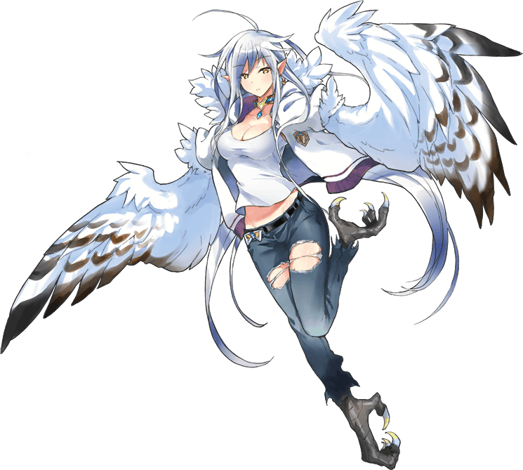 harpy, haru_(monster_musume), looking_at_viewer, monster_girl, monster_musume_no_iru_nichijou, monster_musume_no_iru_nichijou_online, official_art, pointy_ears, raptor_(monster_musume), torn_clothes, white_hair, yellow_eyes