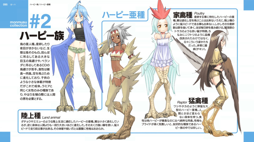 4girls, ahoge, blue_hair, blue_wings, breasts, brown_eyes, brown_hair, brown_wings