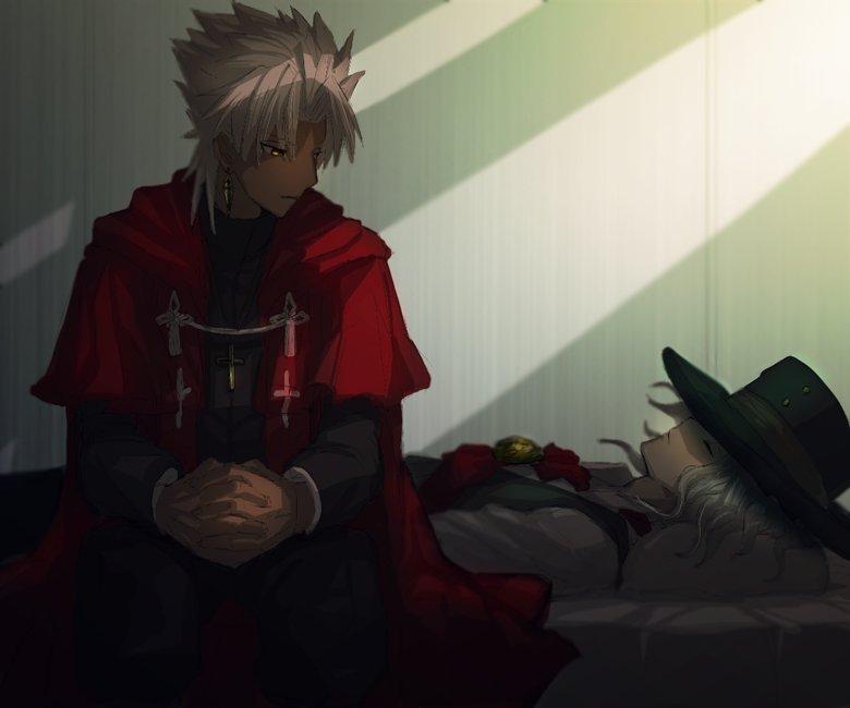 2boys, ayamatazu, black_hat, closed_eyes, coat, cross, cross_necklace, dark_skin