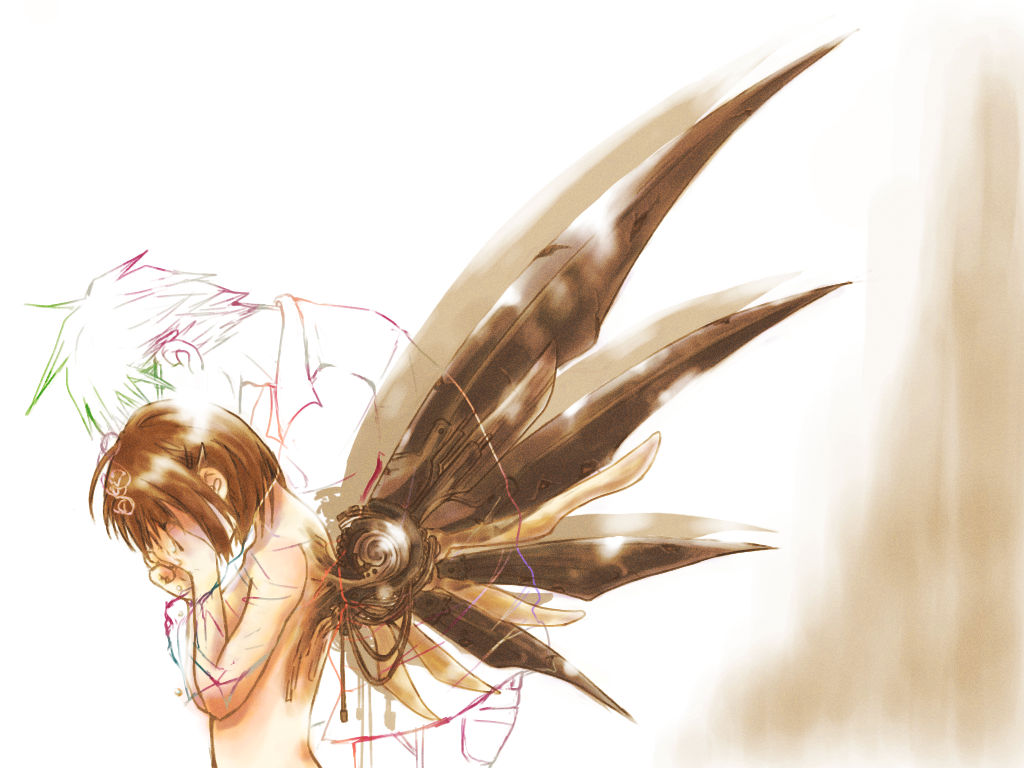 00s, 1boy, 1girl, brown_hair, chise_(saishuu_heiki_kanojo), covering_face, crying, from_side