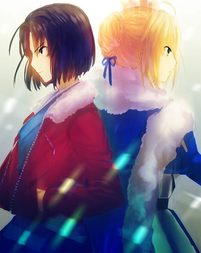 2girls, ahoge, armor, armored_dress, ayamatazu, back-to-back, black_hair, blonde_hair