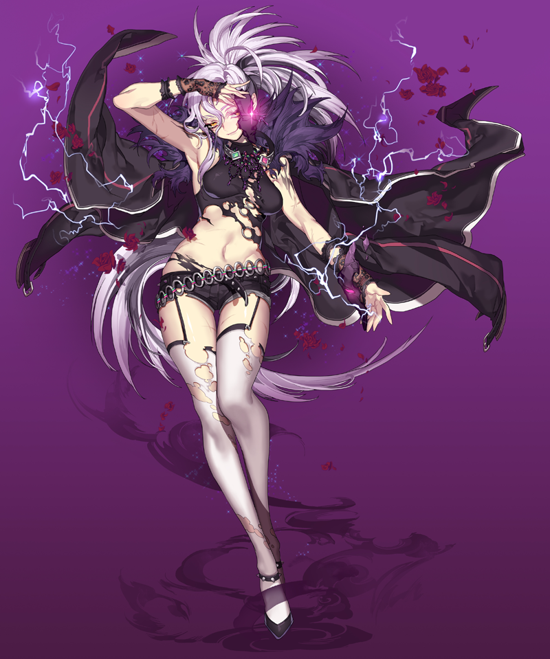 1girl, baltheon_(soccer_spirits), black_shirt, black_shoes, black_shorts, breasts, cape, full_body