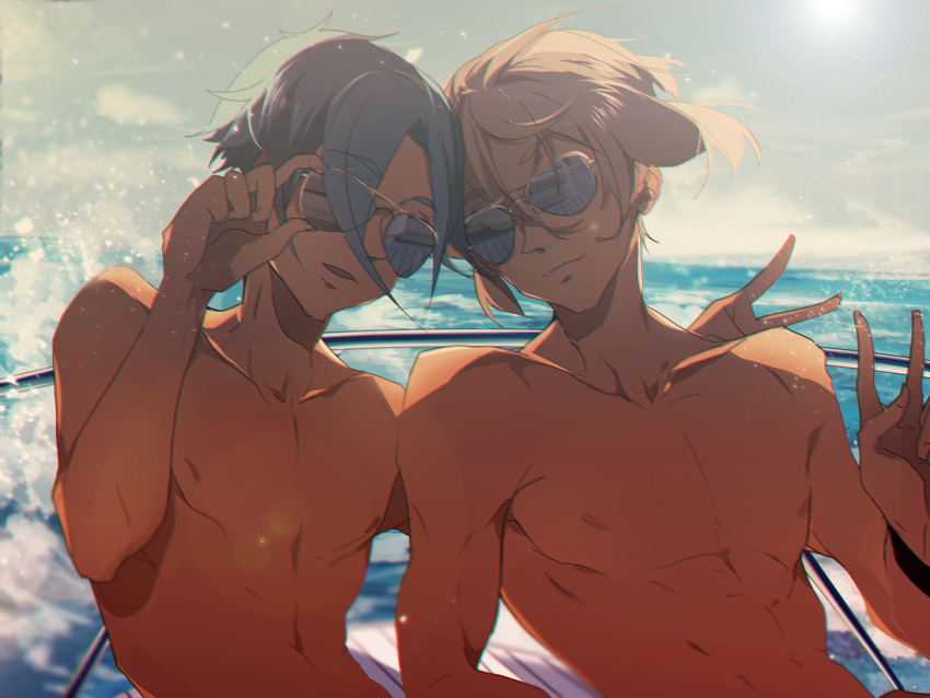 2boys, blonde_hair, glasses, green_hair, higekiri_(touken_ranbu), hizamaru_(touken_ranbu), loyalists, multiple_boys