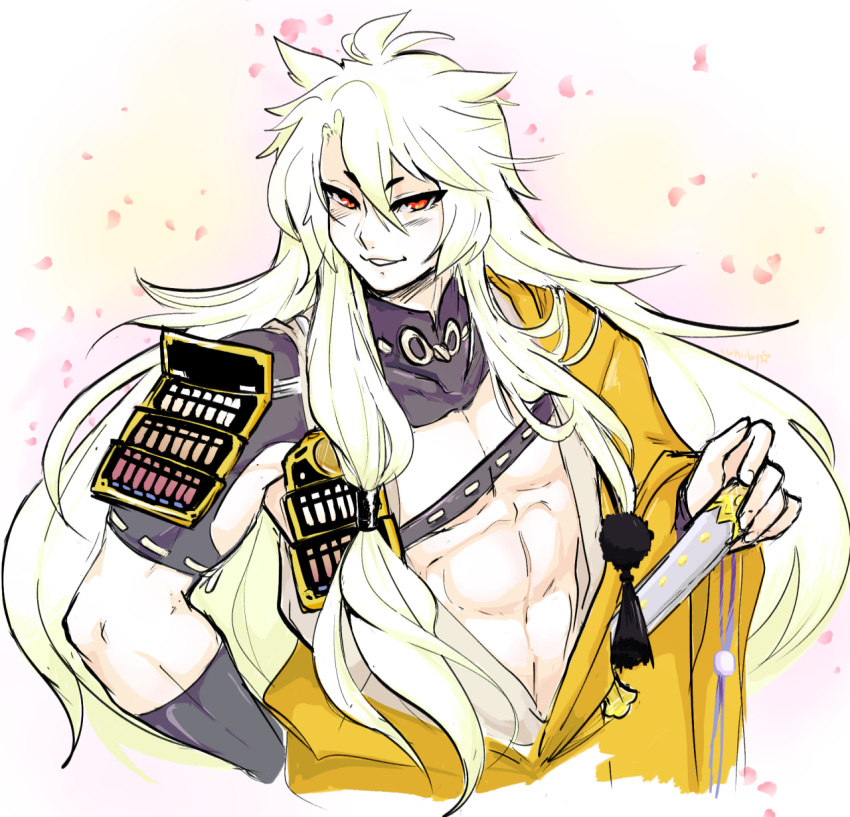 1boy, armor, cherry_blossoms, eyebrows, eyebrows_visible_through_hair, gradient, gradient_background, hair_tubes